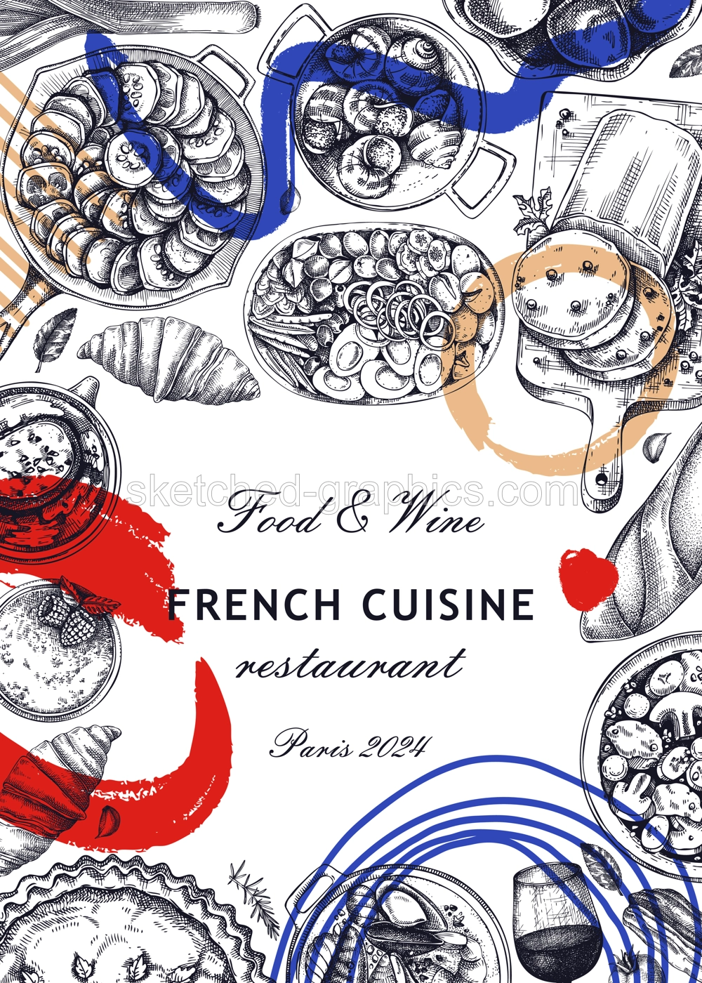 Collage-style French food frame design. Vintage food and wine sketches. Abstract restaurant menu. France background. Hand-drawn vector illustration, NOT AI generated Illustration